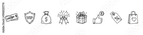 A collection of hand-drawn doodle icons for marketing and rewards, featuring a VIP shield, lottery tickets, money bag, award ribbon, and gift box.