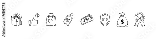 A collection of hand-drawn doodle icons for marketing and rewards, featuring a VIP shield, lottery tickets, money bag, award ribbon, and gift box.
