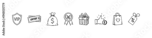 A collection of hand-drawn doodle icons for marketing and rewards, featuring a VIP shield, lottery tickets, money bag, award ribbon, and gift box.
