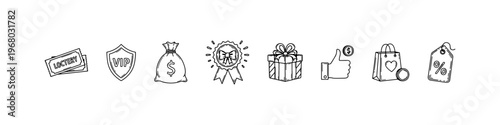 A collection of hand-drawn doodle icons for marketing and rewards, featuring a VIP shield, lottery tickets, money bag, award ribbon, and gift box.