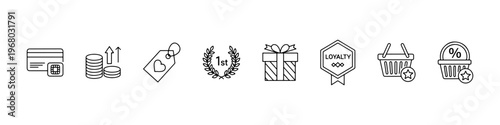 A set of thin line icons for retail marketing and customer loyalty programs, featuring gift boxes, reward cards, discount labels, and shopping incentives.