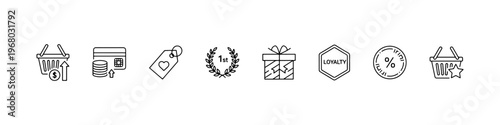 A set of thin line icons for retail marketing and customer loyalty programs, featuring gift boxes, reward cards, discount labels, and shopping incentives.