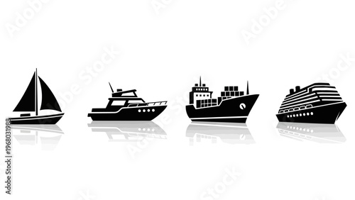 Set of diverse watercraft silhouettes: sailboat, yacht, cargo ship, cruise liner