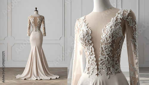 Elegant ivory gown with intricate lace bodice on a mannequin, showcasing design