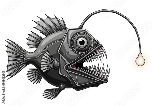 Robotic Steampunk Anglerfish Illustration - Deep Sea Mechanical Monster with Glowing Lure and Sharp Teeth on White Background