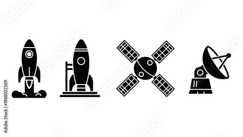 Space Exploration Icons: Rockets, Satellite, and Satellite Dish