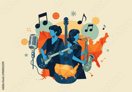 Retro Music Illustration Featuring Guitarist, Saxophonist, and USA Map Background for American Cultural Themes