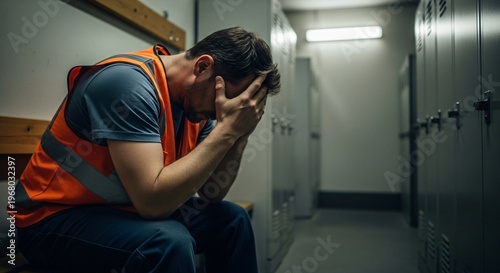 Exhausted construction worker sits in locker room holding head, deep distress, depression, anxiety relief support counseling mental health care concept.