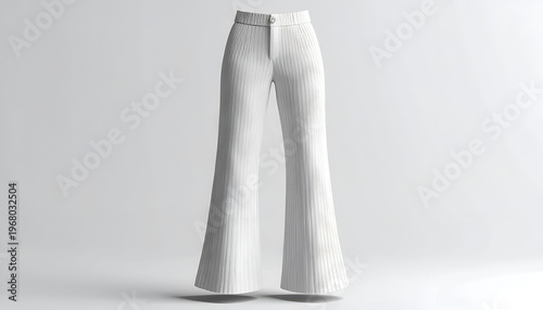 Studio shot of pristine, white, flared pants, vertically striped, on a neutral background