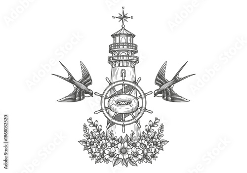 Vintage Nautical Lighthouse Tattoo Design with Ship's Wheel, Swallows, and Floral Base - Black and White Line Art Illustration