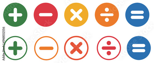 Plus and minus icon set, math symbol collection including add, subtract, multiply icons and calculator buttons, modern flat vector illustration for business finance, accounting, and educational 