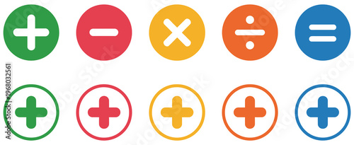 Plus and minus icon set, math symbols including add sign, multiply icon, and calculator buttons, vector flat illustration for business, finance, accounting, and educational concepts.