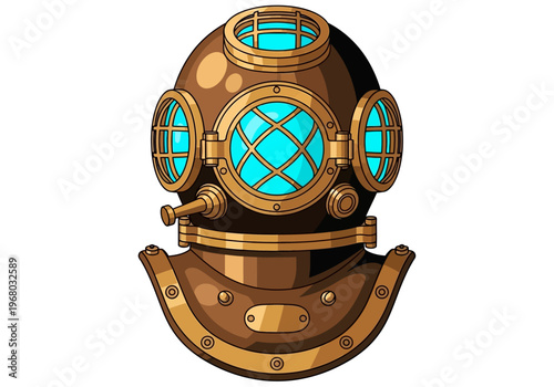 Vintage Deep Sea Diving Helmet Illustration - Antique Brass Scuba Gear Vector Style Isolated on White Background