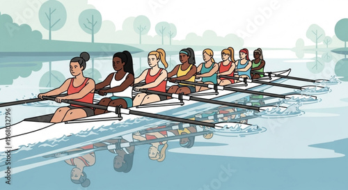 Diverse women rowing team in synchronized motion on calm lake water with trees in background