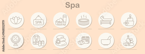 Spa set icon. Line symbols depict lotus flower, spa sign, cream jar, hot tub, massage table, candle with stones, mirror, bathrobe, stone therapy, calendar, bowl tool, oil bottles.
