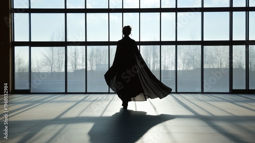 Silhouette person in cape gazing at large windows, bright sunny day