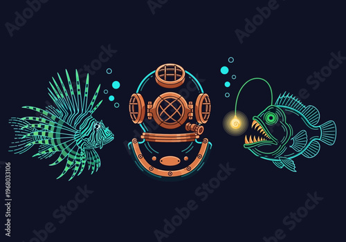 Vintage Deep Sea Diving Helmet with Lionfish and Anglerfish Neon Line Art Illustration
