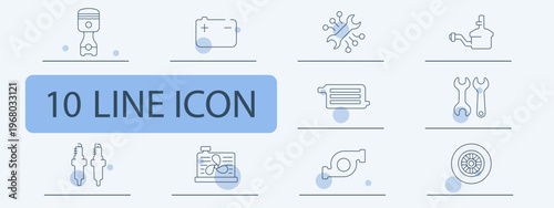 Engine parts set icon. Piston battery system engine filter tools wrenches spark plugs container turbo mechanical automotive repair equipment.