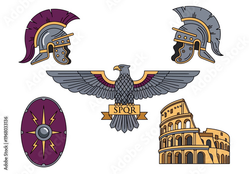 Ancient Roman Empire Symbols Vector Set featuring Centurion Helmets, Imperial Eagle Aquila SPQR, Colosseum, and Legionary Shield