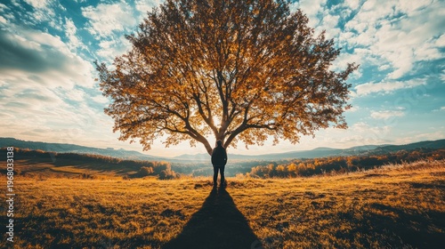 Silhouette person under autumn tree, golden hills, peaceful landscape