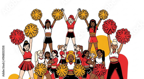 Diverse group of cheerleaders performing a stunt with pom poms showcasing teamwork and unity in a vibrant illustration