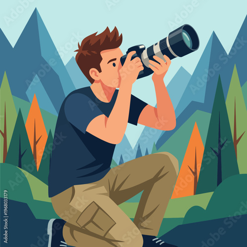 The image depicts a passionate photographer kneeling while capturing stunning natural scenery, embodying the spirit of adventure and the love for the great outdoors.