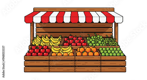 A colorful pixel-art vector illustration of a wooden market stall with a red and white awning, displaying various fresh fruits.