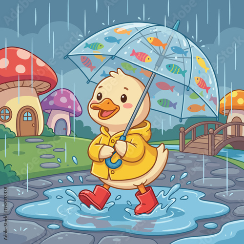 An adorable illustration of a cartoon duck wearing a raincoat, happily walking under a decorated umbrella, capturing the essence of joy and childhood in rainy weather.