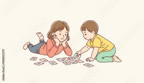 Flat cartoon illustration of children playing educational memory matching card game on the floor