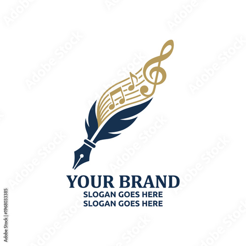 This artistic design features a vibrant writing instrument intertwined with musical elements, symbolizing the fusion of literature and music in a professional branding context.