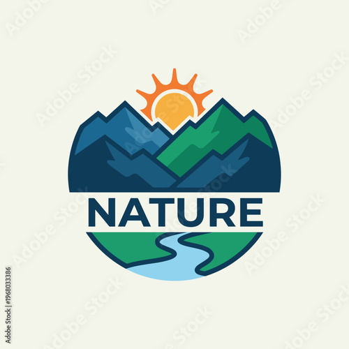 A vibrant logo featuring mountains, a sun, and flowing river, encapsulating the beauty and serenity of nature for eco-friendly brands and outdoor adventures.