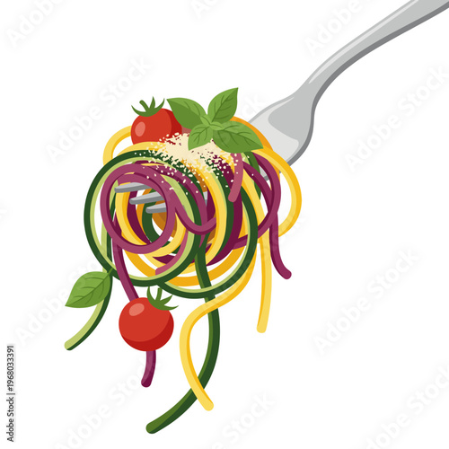 An appetizing image of a fork twirling colorful pasta topped with fresh basil and cherry tomatoes, capturing the essence of culinary delight and healthy eating.