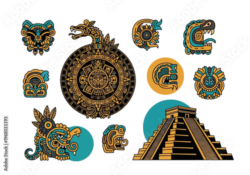 Ancient Aztec and Mayan Cultural Symbols Vector Collection Featuring Sun Stone, Step Pyramid, Feathered Serpent, and Traditional Mexican Indigenous Glyphs on White Background