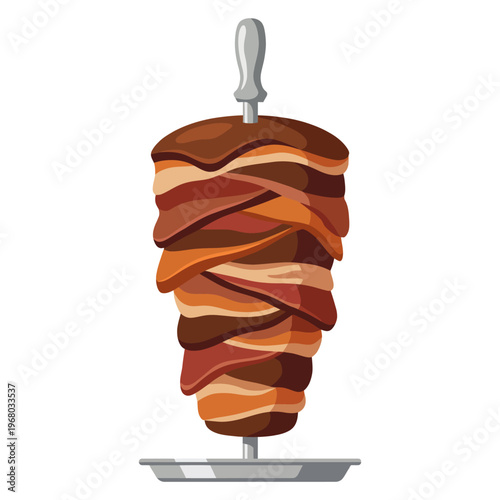 This appetizing image depicts a stacked shawarma skewer, showcasing the rich layering of meat and spices, highlighting the culinary delight of this popular street food delicacy.