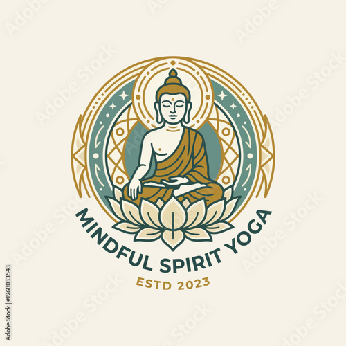 A calming depiction of a seated Buddha surrounded by lotus flowers, symbolizing mindfulness, peace, and spiritual growth, ideal for wellness and yoga practices.