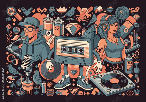 Modern Urban Hip-Hop Culture Illustration Featuring DJ, Rapper, Anthropomorphic Cassette Tape, Vinyl Turntables, and Graffiti Elements in Retro Vector Style