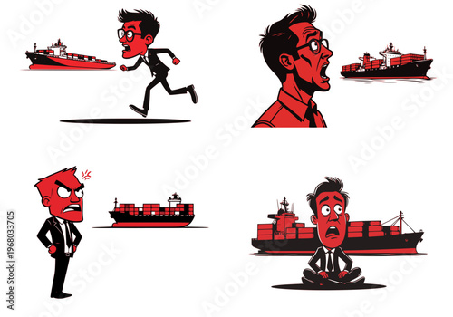 Funny cartoon businessman with exaggerated facial expressions reacting to container cargo ships in red and black silhouette, dynamic poses on clean white background