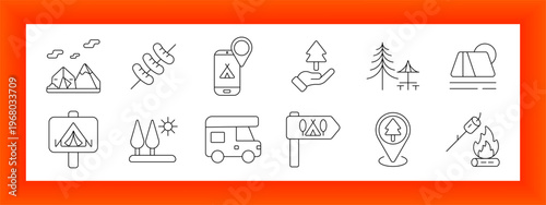 Forest camping and outdoor adventure line icons set with mountain tent, marshmallow skewer, campsite map app, tree planting hand, pine forest, lakeside tent, travel sign