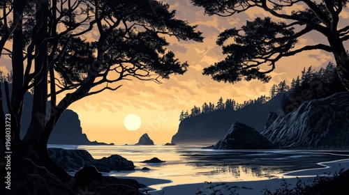 Silhouette trees frame coastal sunset scene