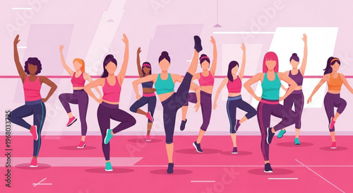 Diverse women in yoga class exercising in studio with pink floor various poses fitness and wellness concept group workout healthy lifestyle