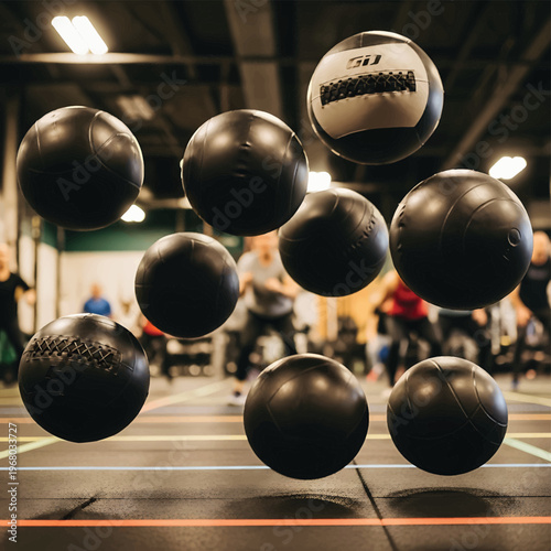 Black medicine balls in air.