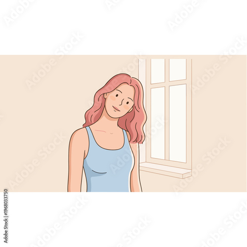 A smiling woman with pink hair wearing a blue tank top stands indoors by a window.