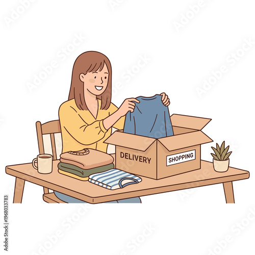 Woman unpacking blue garment from delivery box on table indoors