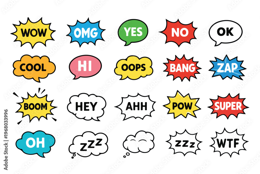 Obraz premium Comic Sound Effect Icons Set, Pop Art Explosion Text Stickers, Cartoon Expression Elements