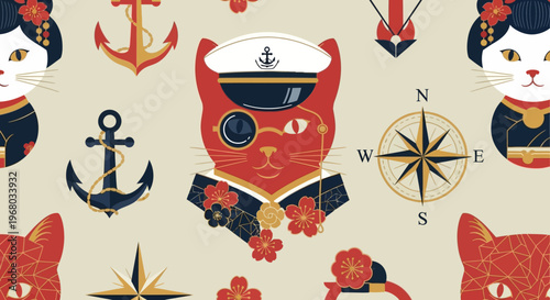 Japanese Nautical Cat Pattern with Geisha and Sailor Captain Felines, Anchors and Compass Illustration