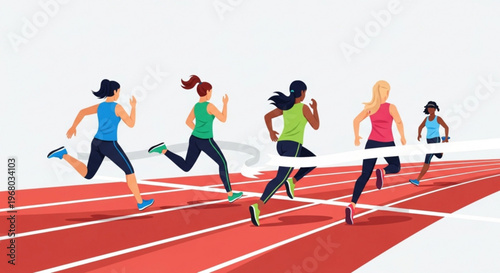 Diverse women runners sprinting on a red track athletic competition fitness motivation energetic and determined expressions colorful sportswear dynamic movement racing towards