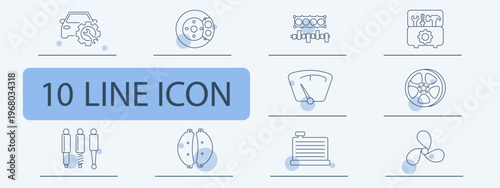 Automotive parts set icon. Car brake engine system panel weight wheel shock radiator propeller mechanical components transport equipment.