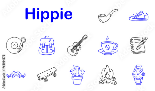 Hippie lifestyle set icon. Line style icons display smoking pipe, sneakers, vinyl record, backpack bag, guitar instrument, coffee cup, notebook pen, mustache, skateboard, cactus plant, campfire
