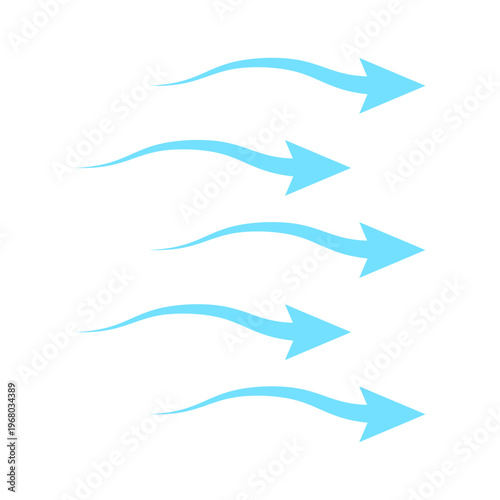 Parallel blue arrow symbols illustrating wind currents and air flow. The curved, wavy lines represent fluid dynamics, aerodynamic motion, and forward directional speed.