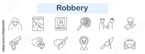 Robbery set icon Hooded thief, cracked glass, wanted poster, fingerprint magnifier, handcuffed figures, skull weapon, pistol, hand stealing diamond, knife wound, danger marker, blood knife, police car